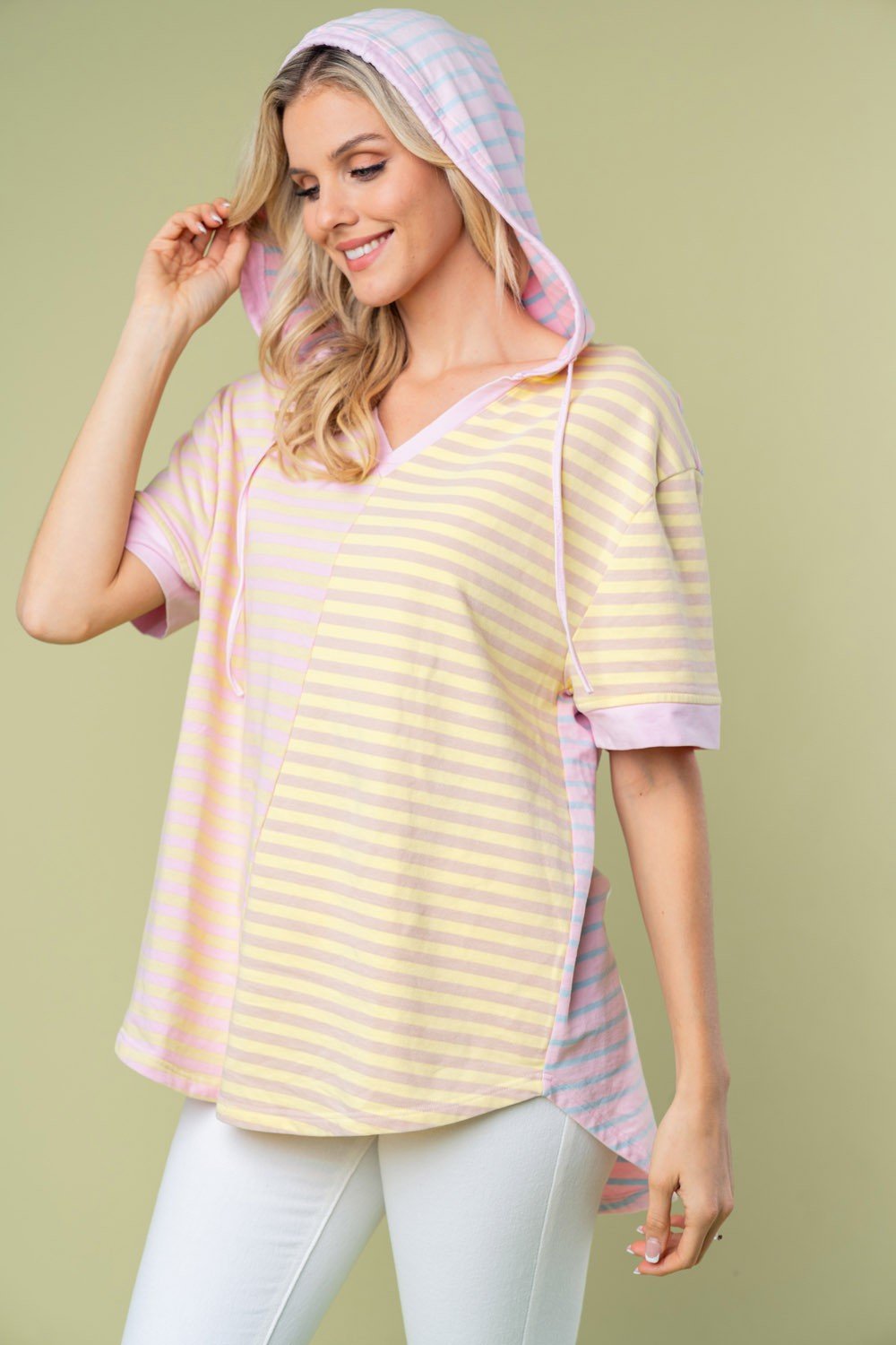 White Birch Full Size Striped Short Sleeve Drawstring Hooded Top - Hoodies - Pink Combo - Bella Bourget