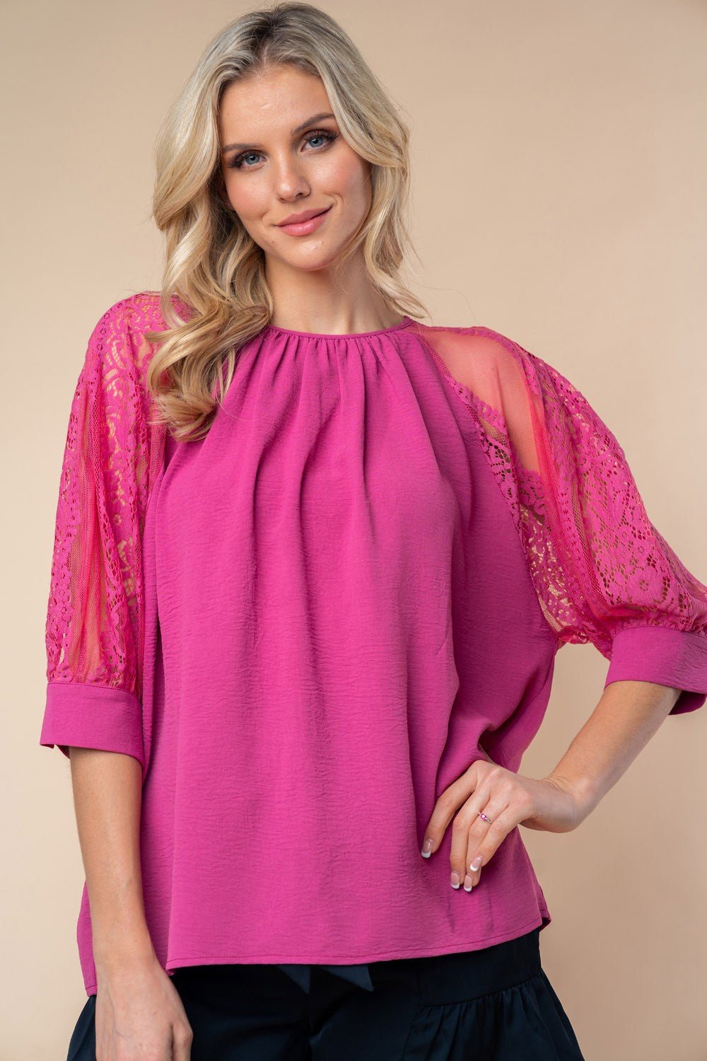 White Birch Round Neck Lace Half Sleeve Blouse - Top - Mauve - Bella Bourget