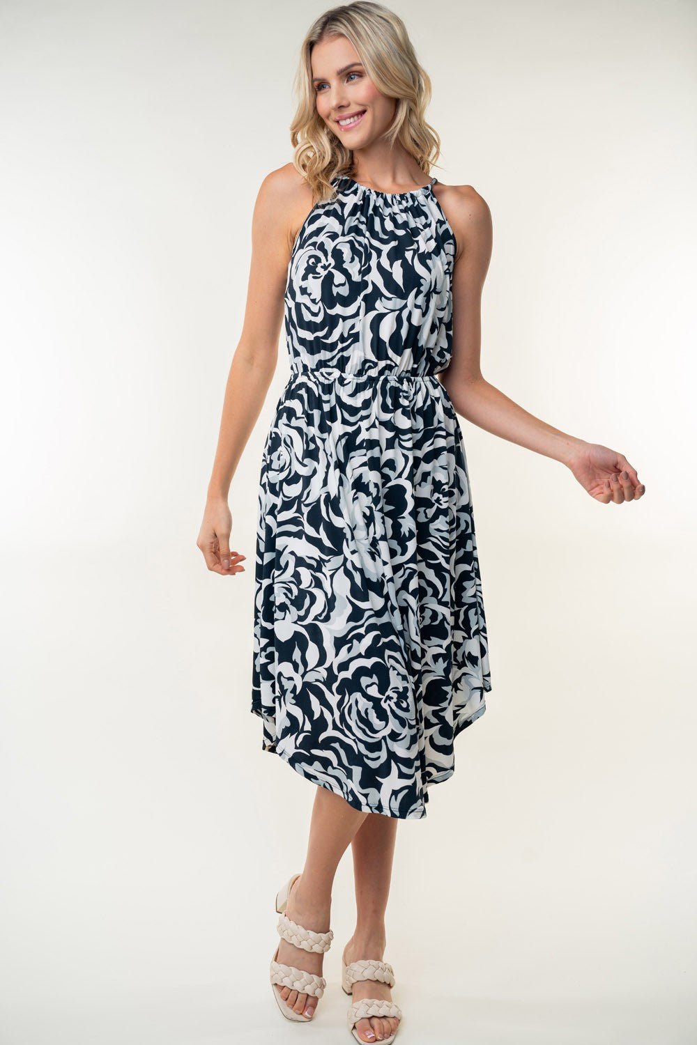 White Birch Tied Ruched Floral Sleeveless Knee Length Dress - Dress - Black - Bella Bourget