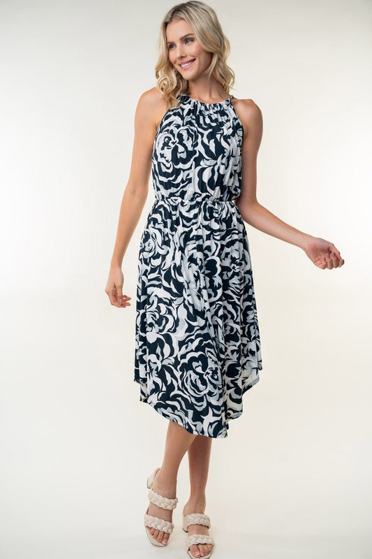White Birch Tied Ruched Floral Sleeveless Knee Length Dress - Dress - Black - Bella Bourget