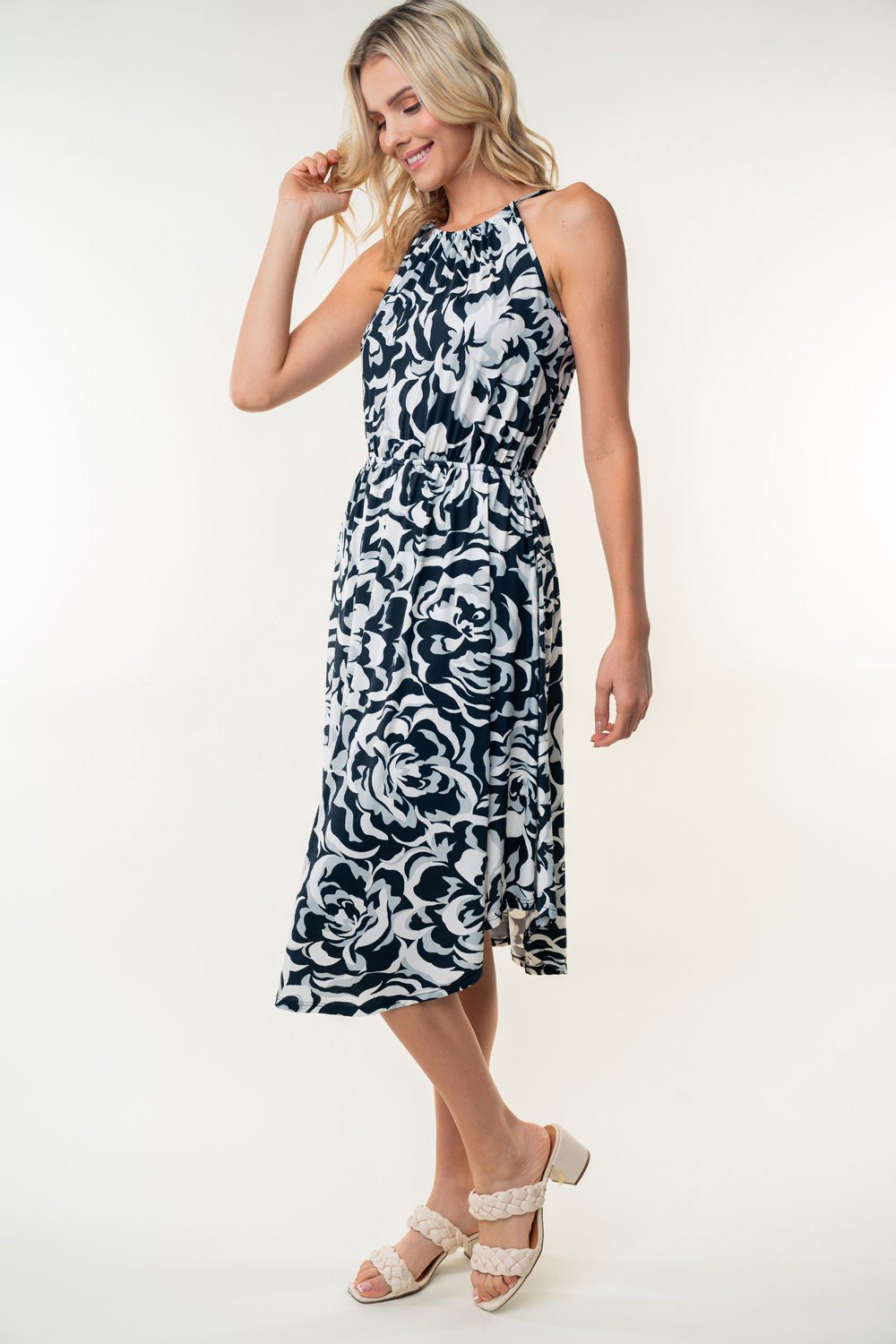 White Birch Tied Ruched Floral Sleeveless Knee Length Dress - Dress - Black - Bella Bourget