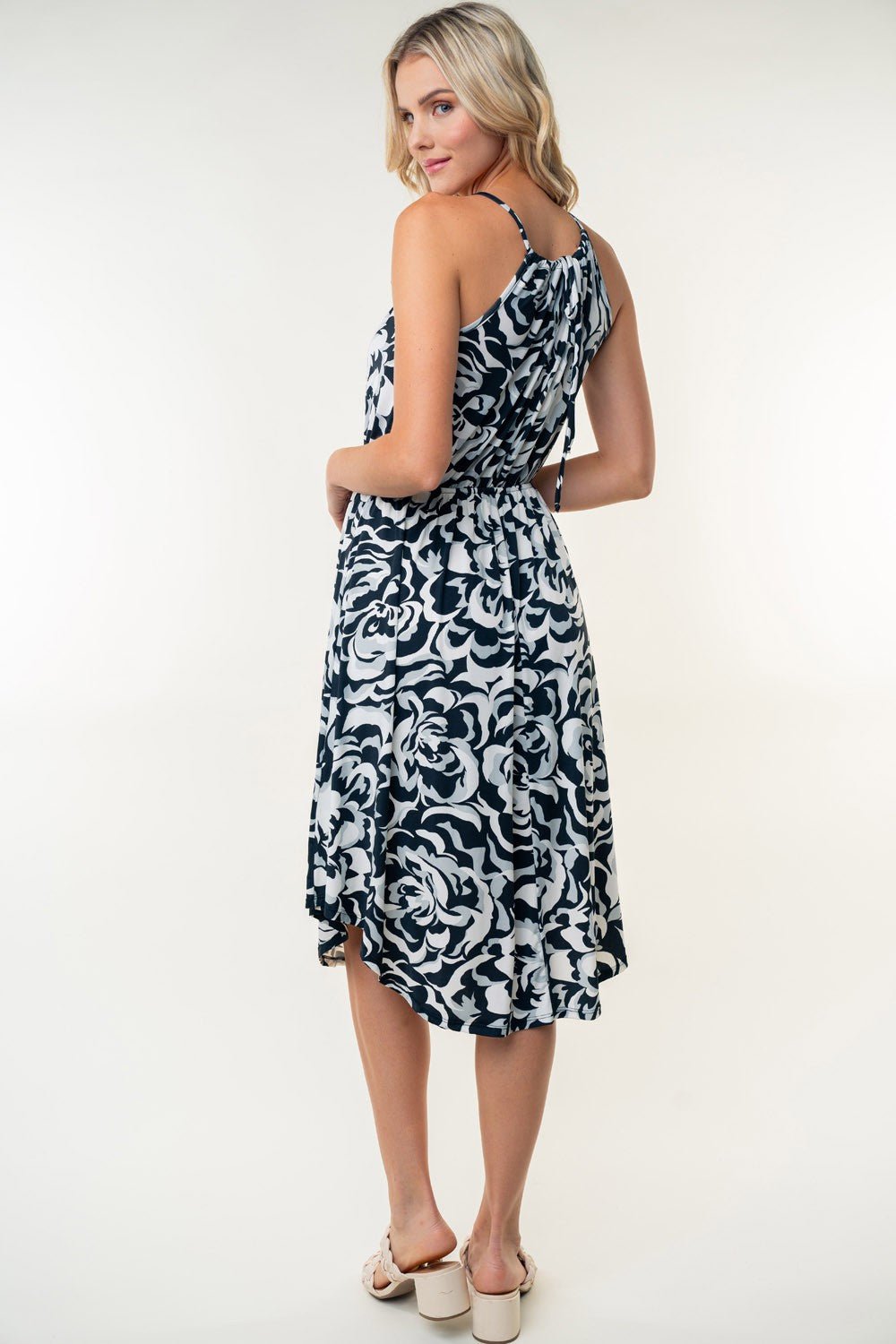 White Birch Tied Ruched Floral Sleeveless Knee Length Dress - Dress - Black - Bella Bourget