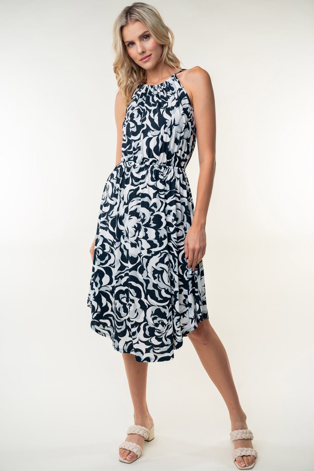 White Birch Tied Ruched Floral Sleeveless Knee Length Dress - Dress - Black - Bella Bourget