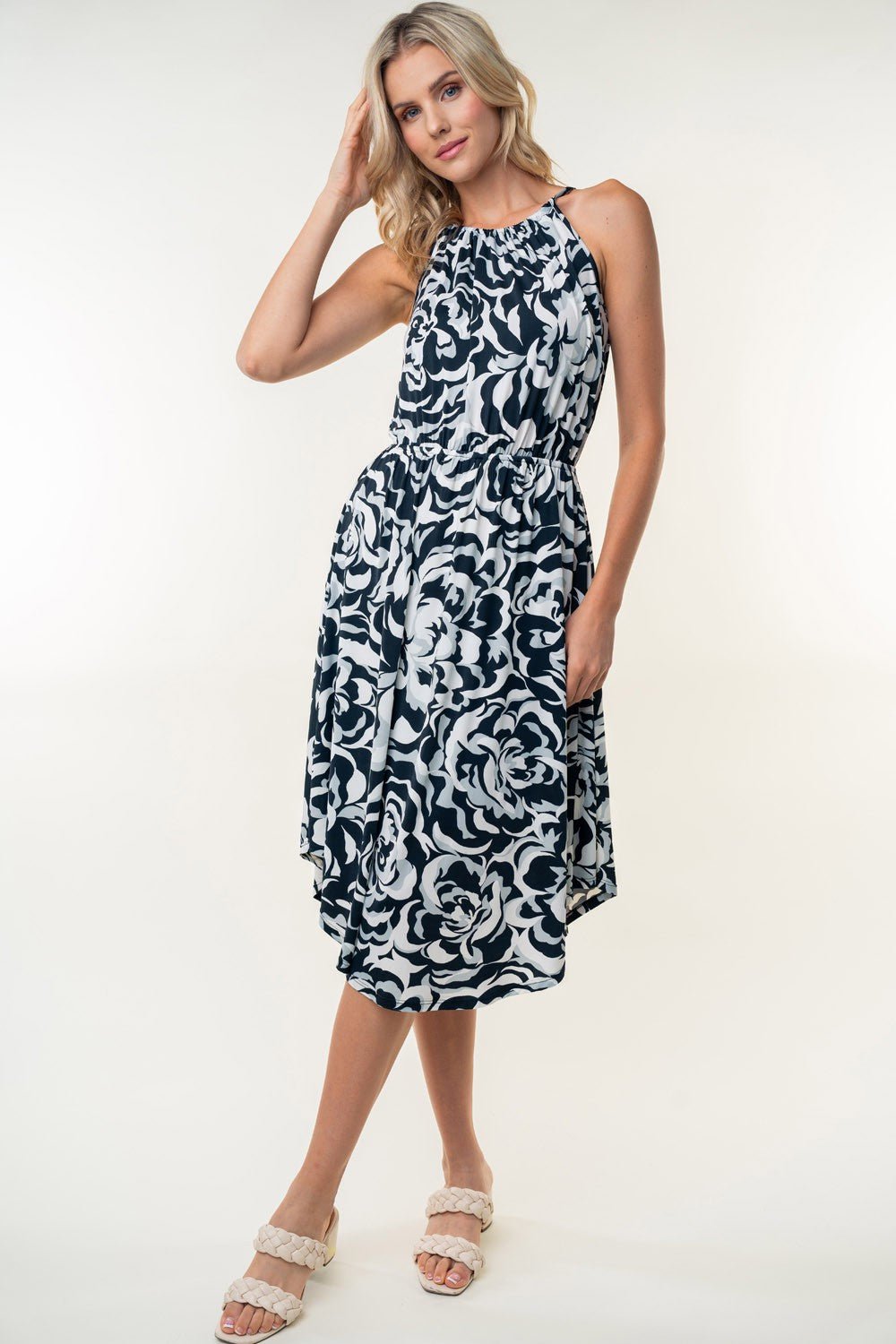 White Birch Tied Ruched Floral Sleeveless Knee Length Dress - Dress - Black - Bella Bourget