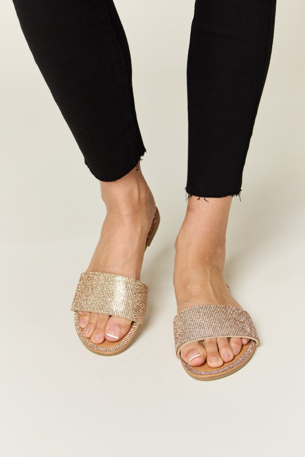 WILD DIVA Rhinestone Open Toe Flat Sandals - sandals - ROSE GOLD - Bella Bourget