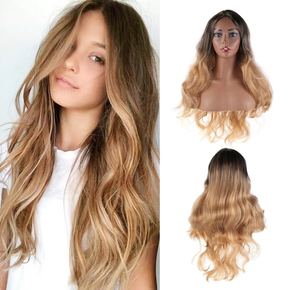 Women Long Fashion Ombre Blonde Curly Hair Wigs Wig Ladies Body Wavy Cosplay - Black Gradient Linen - Bella Bourget