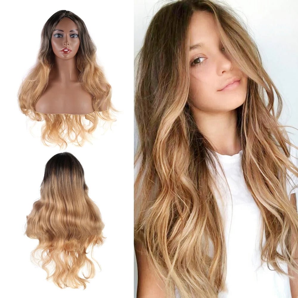 Women Long Fashion Ombre Blonde Curly Hair Wigs Wig Ladies Body Wavy Cosplay - Black Gradient Linen - Bella Bourget