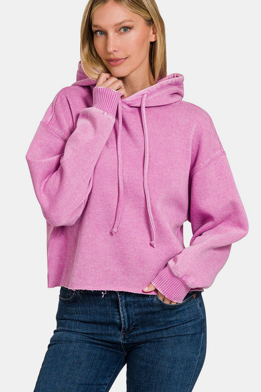 Zenana Acid Wash Fleece Cropped Hoodie - Hoodie - Mauve - Bella Bourget