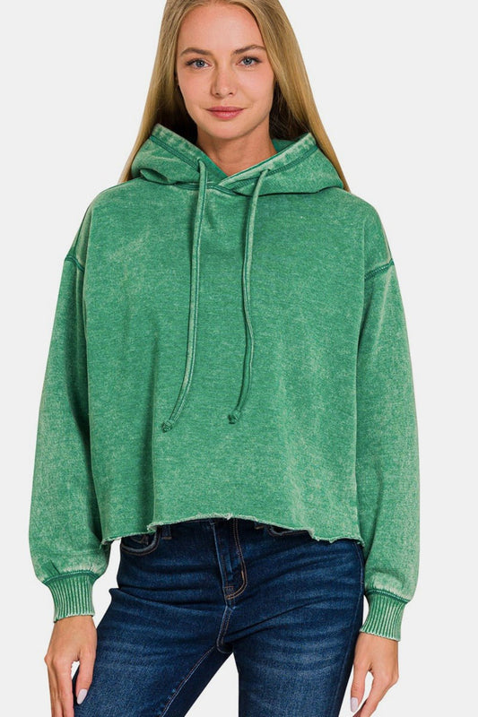 Zenana Acid Wash Fleece Cropped Hoodie - Hoodie - Forest - Bella Bourget