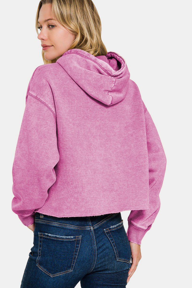 Zenana Acid Wash Fleece Cropped Hoodie - Hoodie - Mauve - Bella Bourget