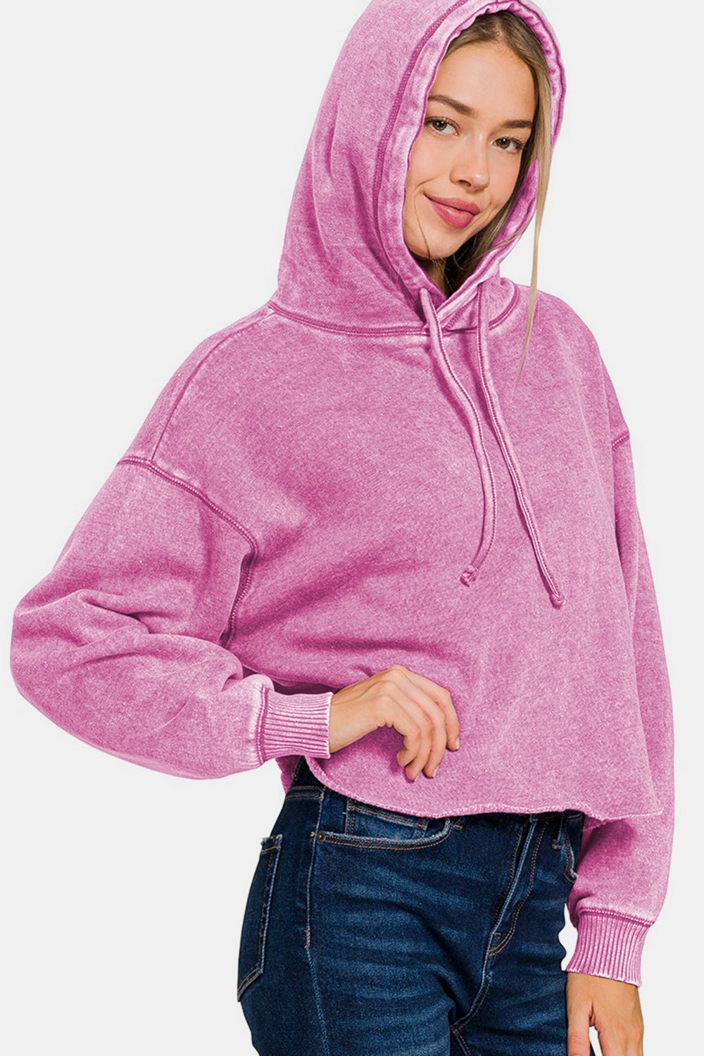 Zenana Acid Wash Fleece Cropped Hoodie - Hoodie - Mauve - Bella Bourget