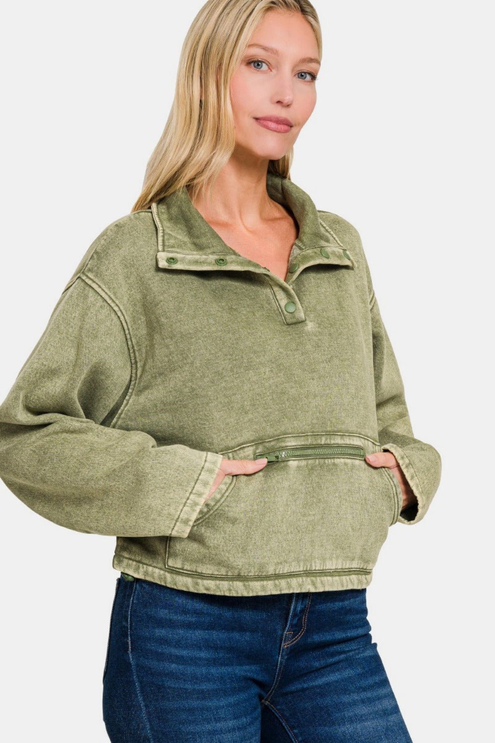 Zenana Acid Wash Fleece Half Snap Sweatshirt with Pocket - Sweatshirt - LT Olive - Bella Bourget