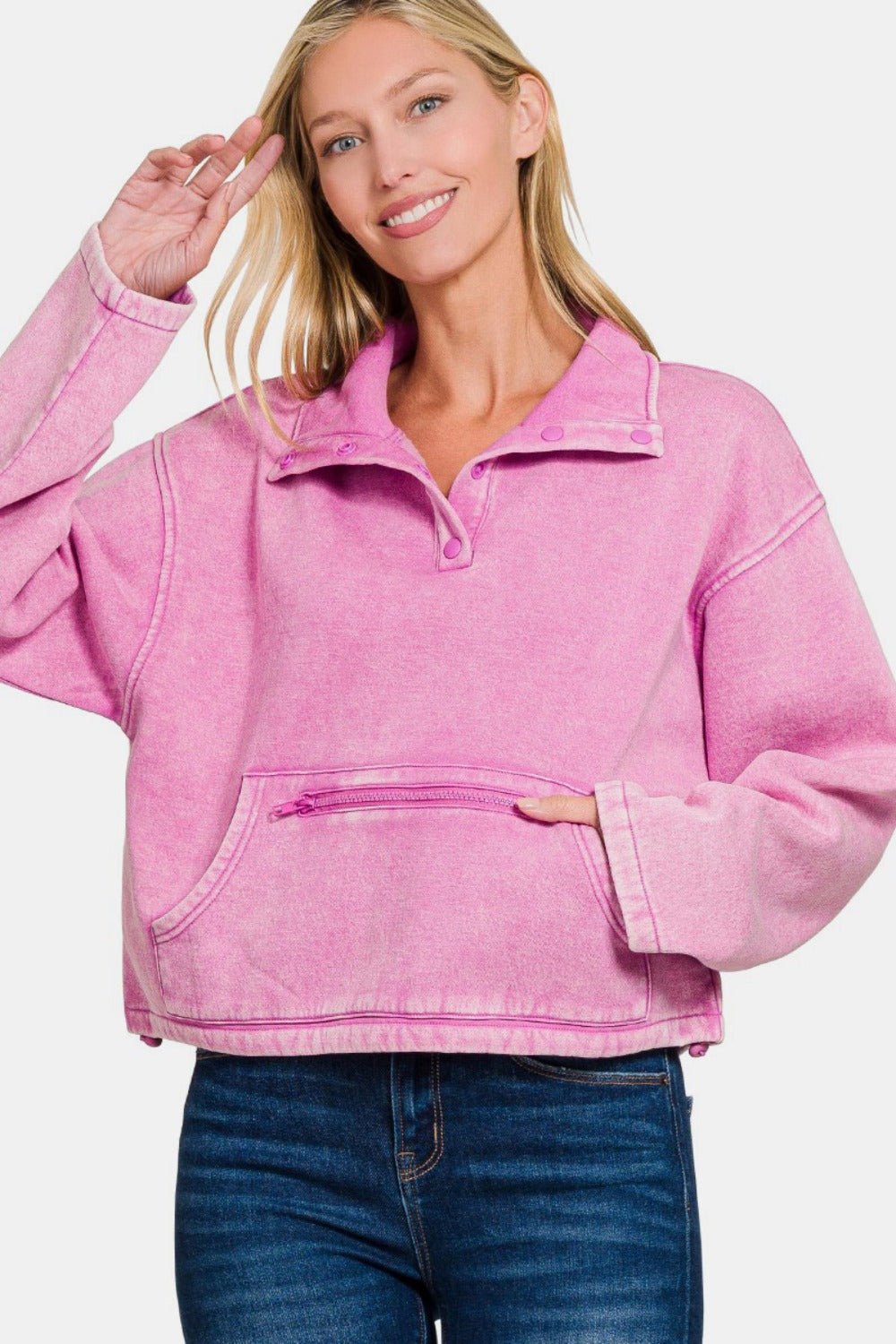 Zenana Acid Wash Fleece Half Snap Sweatshirt with Pocket - Sweatshirt - Mauve - Bella Bourget