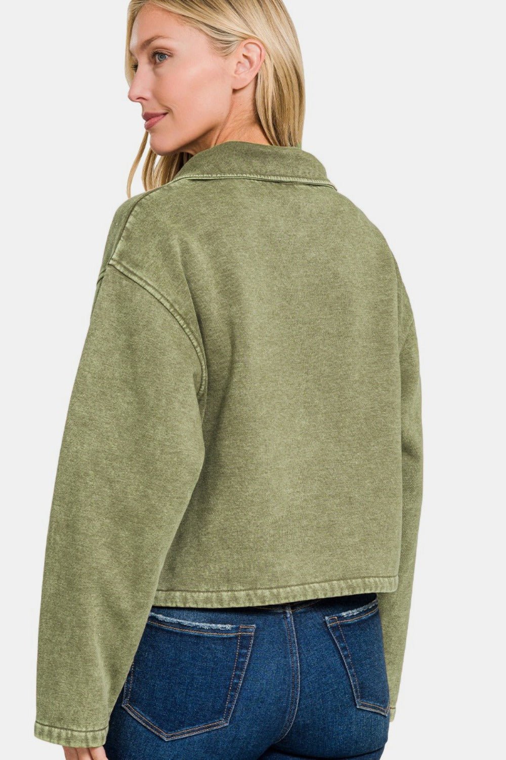 Zenana Acid Wash Fleece Half Snap Sweatshirt with Pocket - Sweatshirt - LT Olive - Bella Bourget