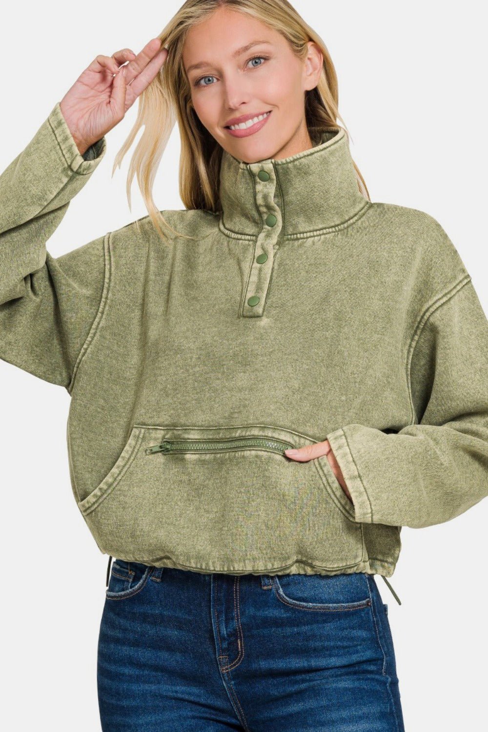 Zenana Acid Wash Fleece Half Snap Sweatshirt with Pocket - Sweatshirt - LT Olive - Bella Bourget