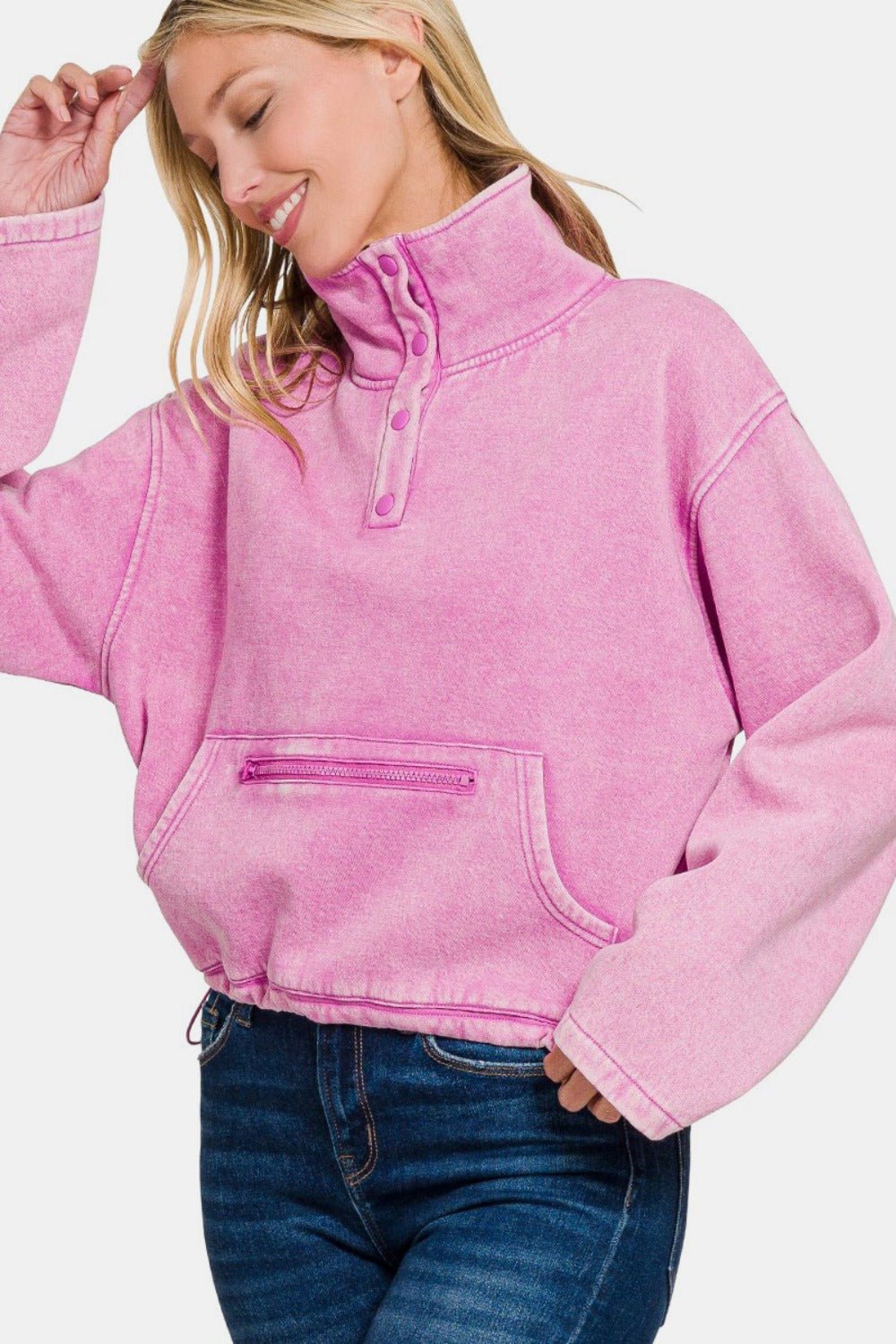 Zenana Acid Wash Fleece Half Snap Sweatshirt with Pocket - Sweatshirt - Mauve - Bella Bourget