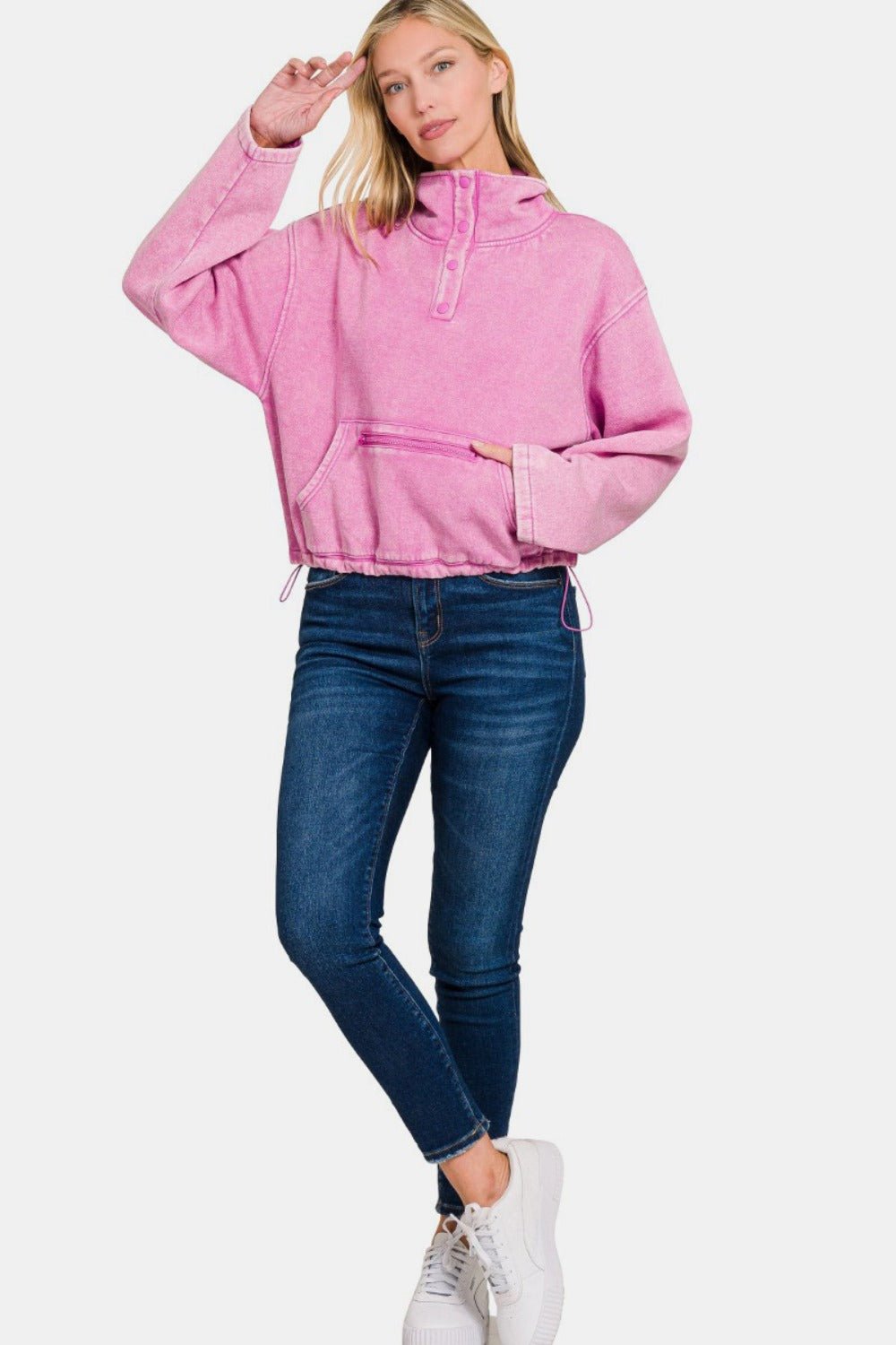 Zenana Acid Wash Fleece Half Snap Sweatshirt with Pocket - Sweatshirt - Mauve - Bella Bourget