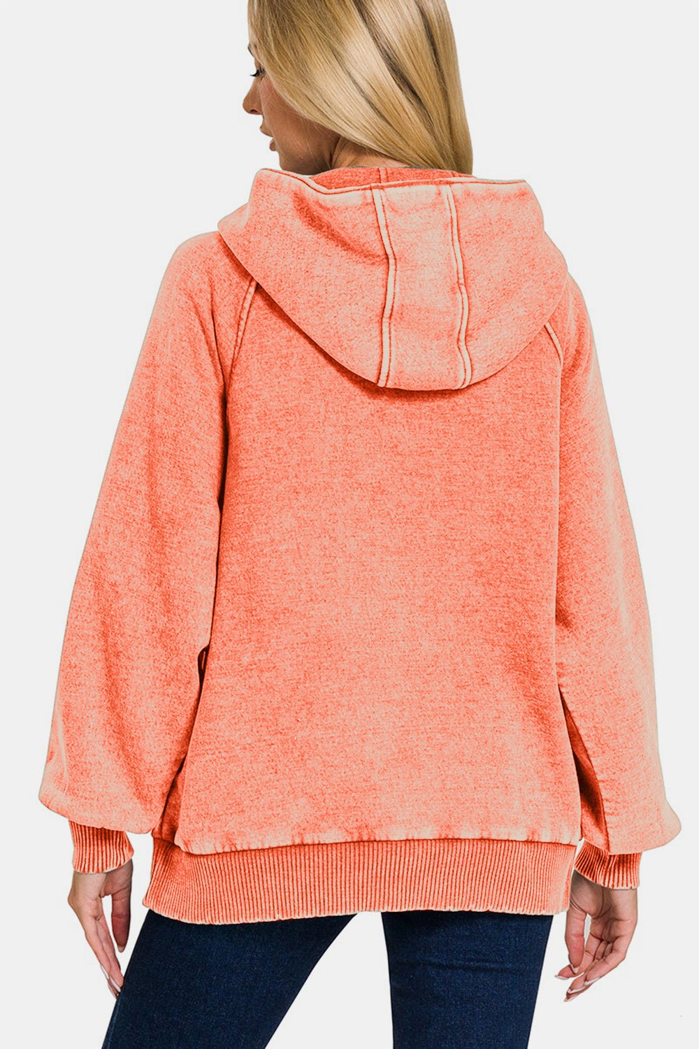 Zenana Acid Wash Fleece Kangaroo Hoodie - Hoodies - Coral - Bella Bourget