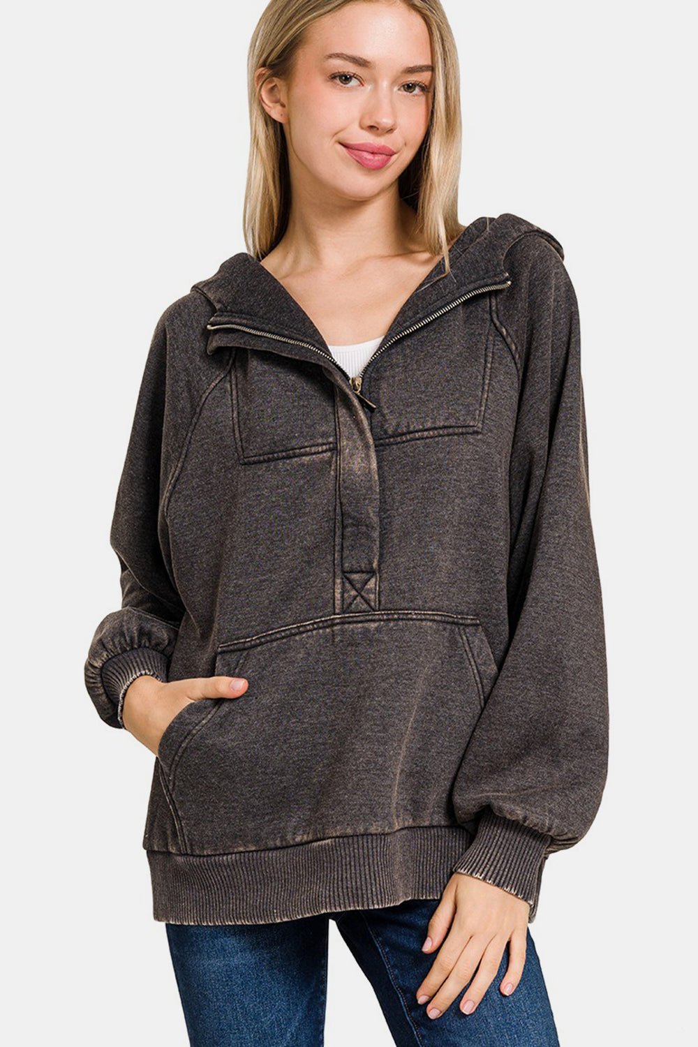 Zenana Acid Wash Fleece Kangaroo Hoodie - Hoodie - Ash Black - Bella Bourget