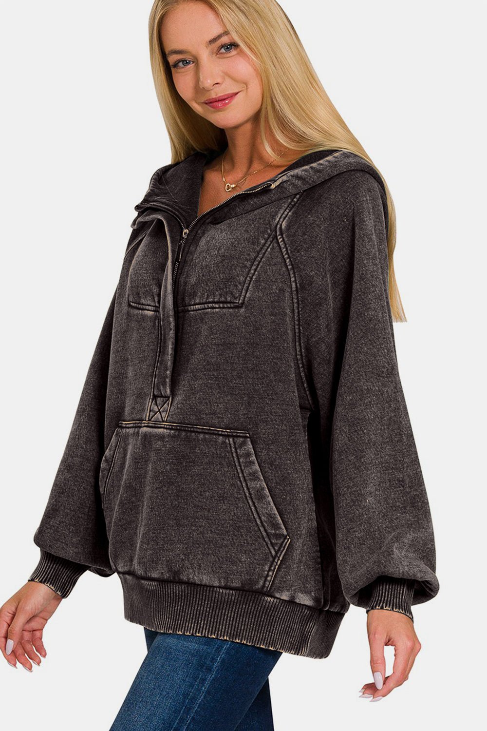 Zenana Acid Wash Fleece Kangaroo Hoodie - Hoodie - Ash Black - Bella Bourget