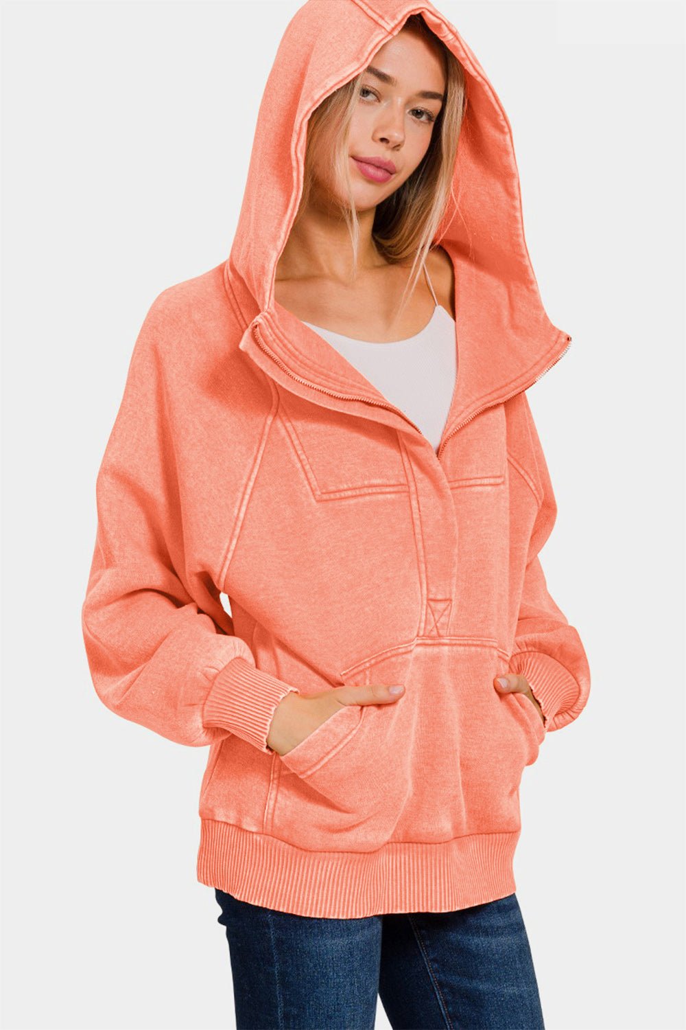 Zenana Acid Wash Fleece Kangaroo Hoodie - Hoodies - Coral - Bella Bourget