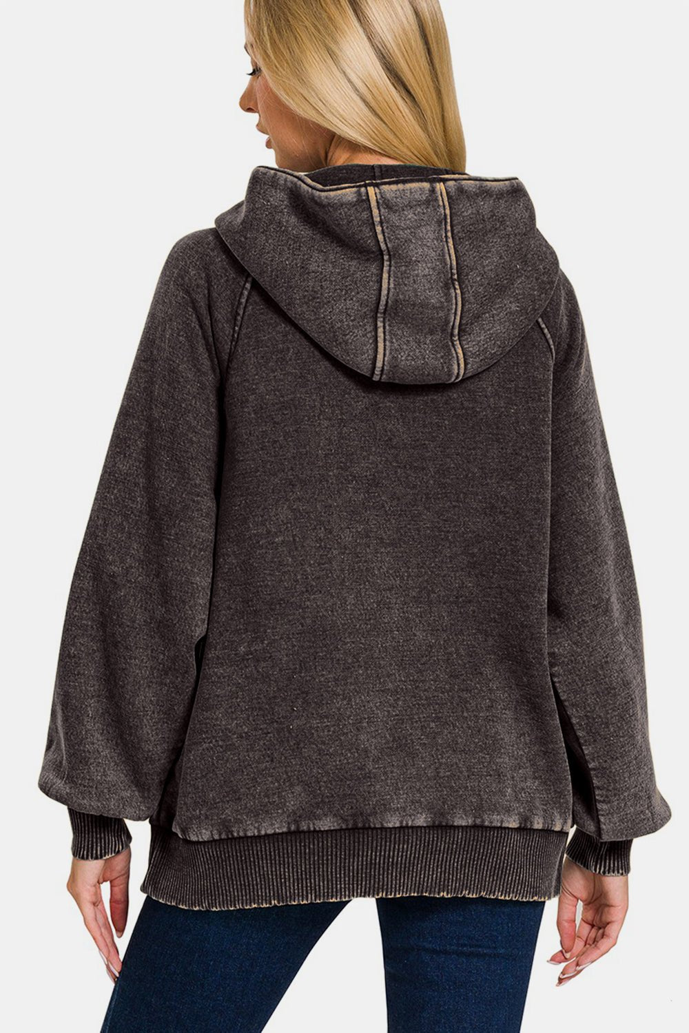 Zenana Acid Wash Fleece Kangaroo Hoodie - Hoodie - Ash Black - Bella Bourget