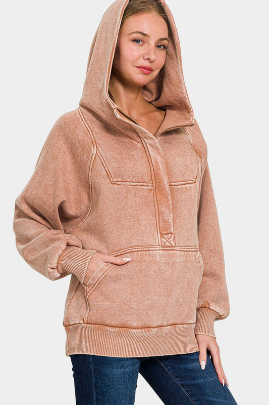 Zenana Acid Wash Fleece Kangaroo Hoodie - Hoodie - Rust - Bella Bourget