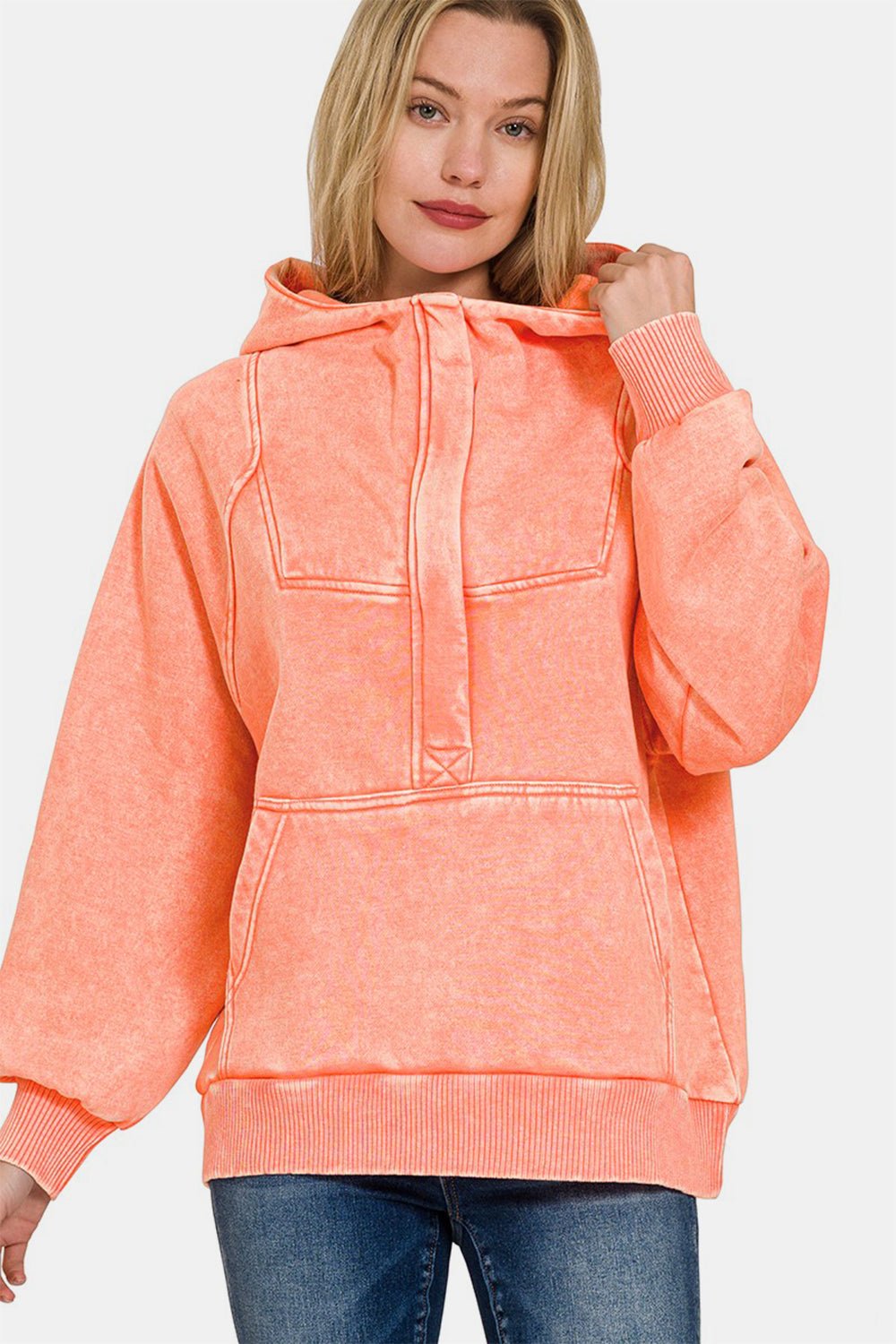 Zenana Acid Wash Fleece Kangaroo Hoodie - Hoodies - Coral - Bella Bourget