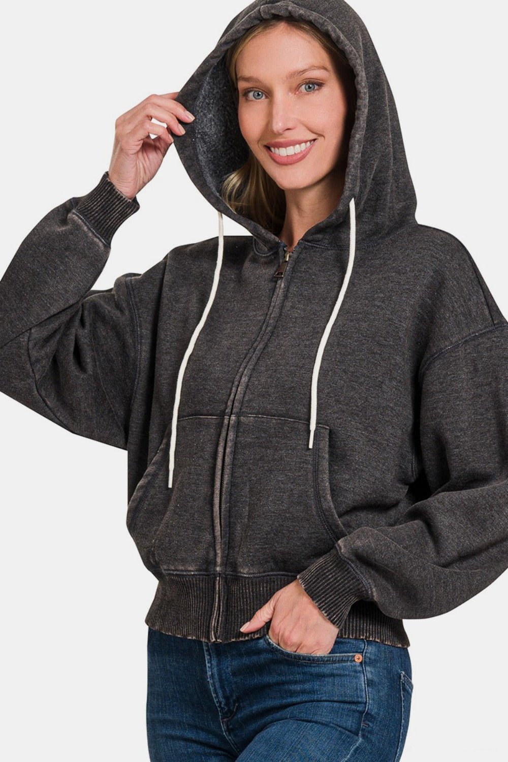 Zenana Acid Wash Fleece Zip - Up Cropped Hoodie - Hoodie - Ash Black - Bella Bourget