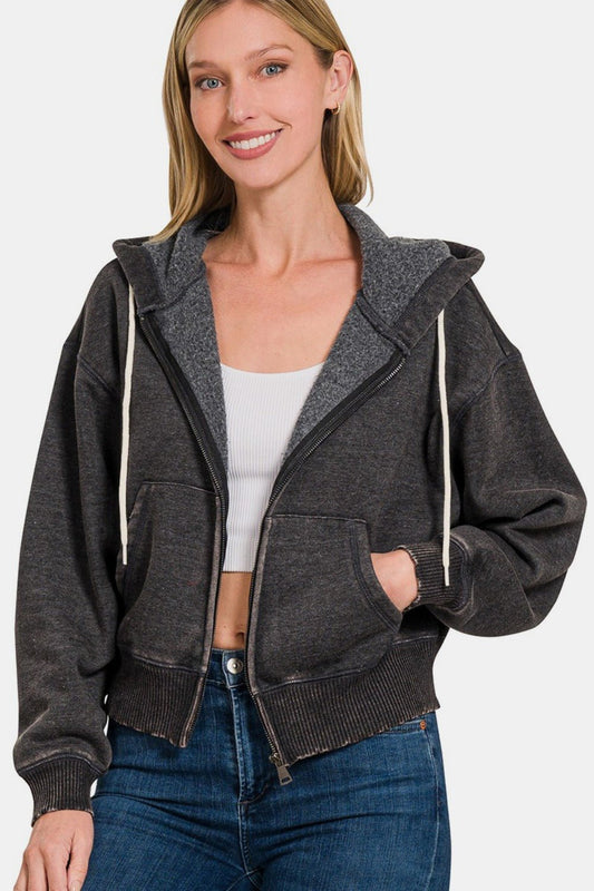 Zenana Acid Wash Fleece Zip - Up Cropped Hoodie - Hoodie - Ash Black - Bella Bourget