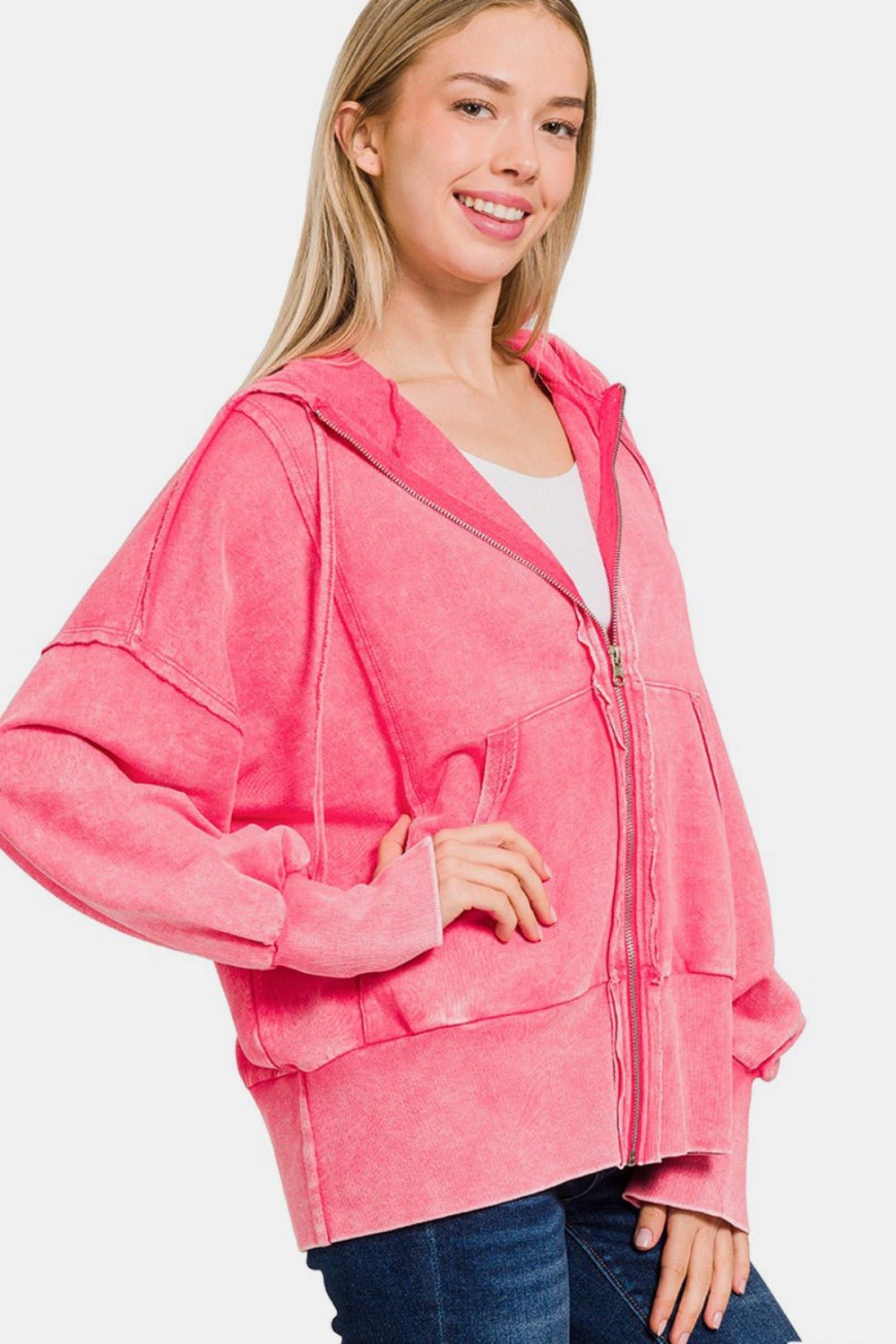 Zenana Acid Washed French Terry Zip - Up Hoodie with Pockets - Hoodie - Fuchsia - Bella Bourget