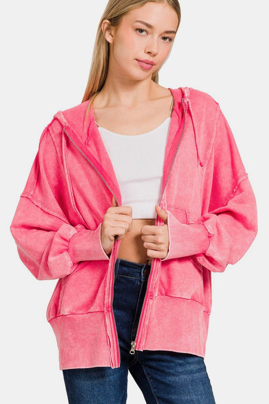 Zenana Acid Washed French Terry Zip - Up Hoodie with Pockets - Hoodie - Fuchsia - Bella Bourget