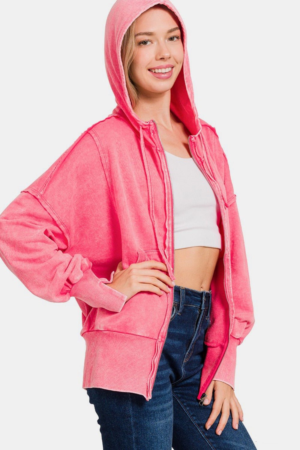 Zenana Acid Washed French Terry Zip - Up Hoodie with Pockets - Hoodie - Fuchsia - Bella Bourget