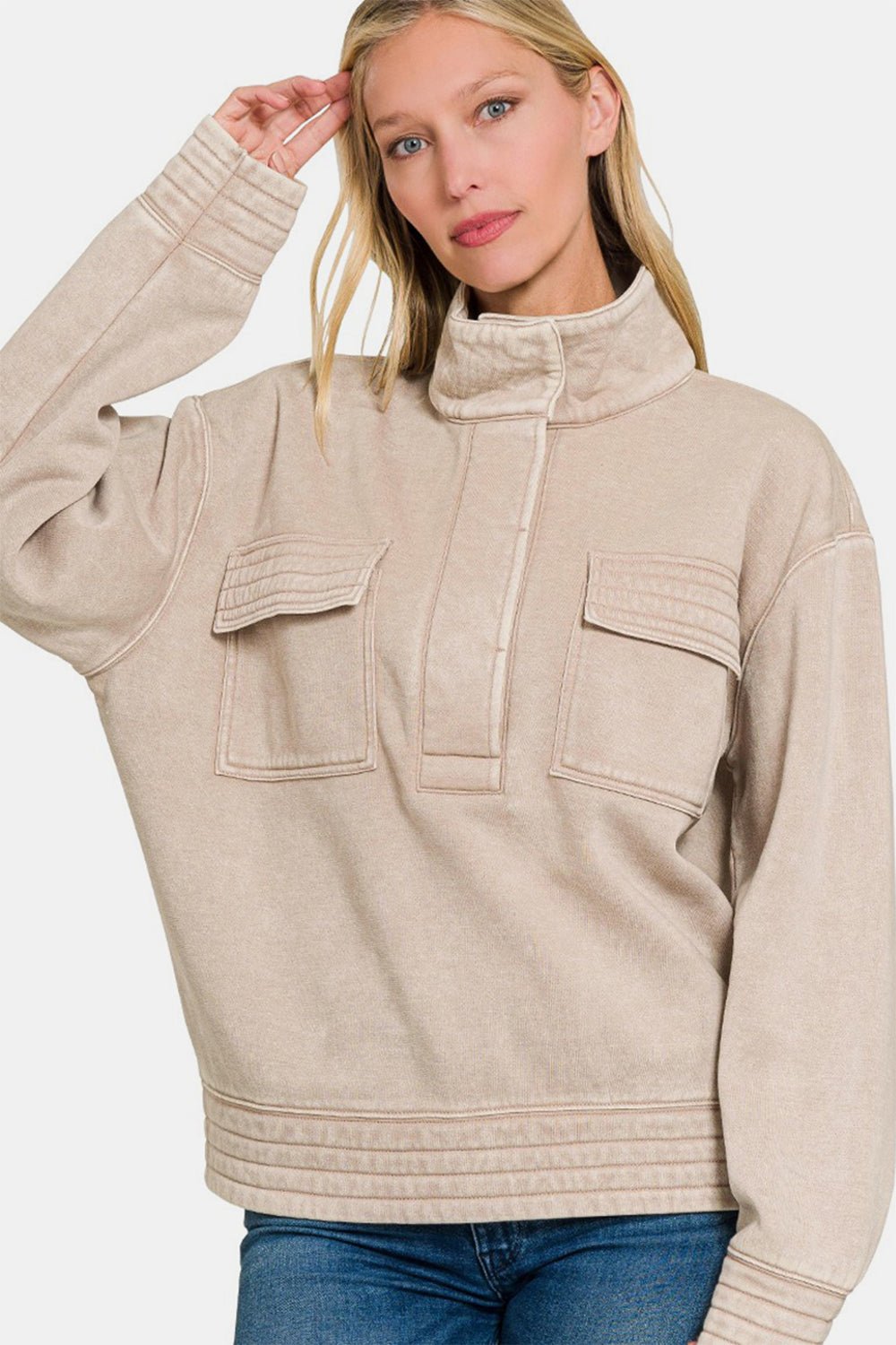 Zenana Acid Washed Half Snap Fleece Sweatshirt - Sweatshirt - Ash Mocha - Bella Bourget