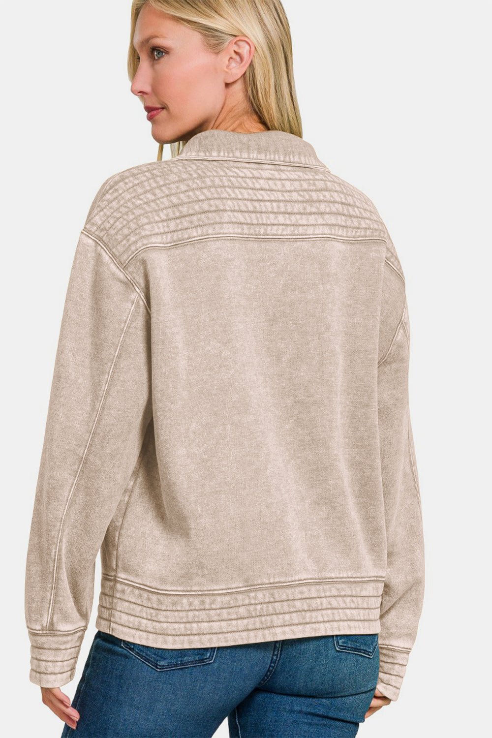 Zenana Acid Washed Half Snap Fleece Sweatshirt - Sweatshirt - Ash Mocha - Bella Bourget