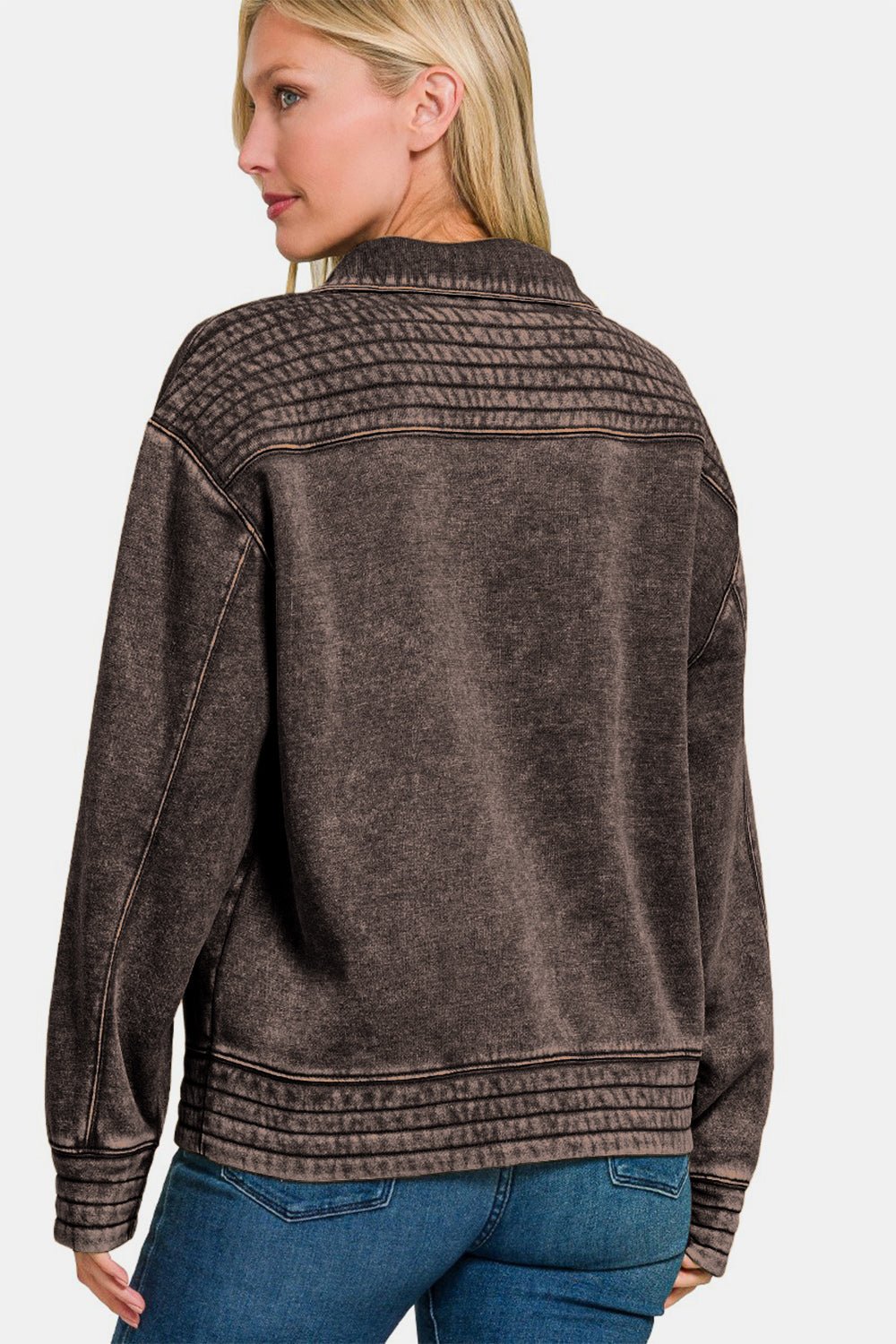 Zenana Acid Washed Half Snap Fleece Sweatshirt - Sweatshirt - Ash Black - Bella Bourget