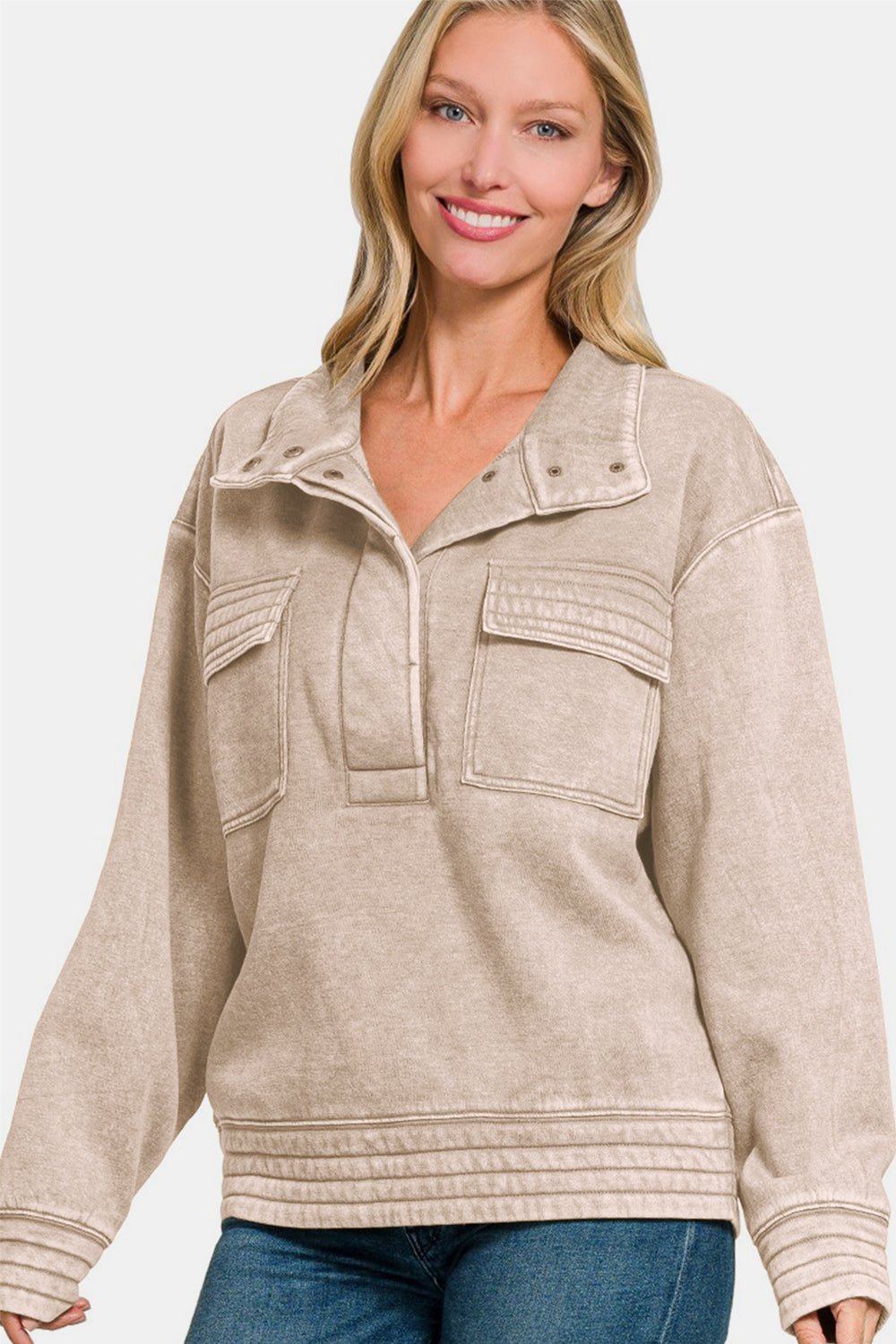 Zenana Acid Washed Half Snap Fleece Sweatshirt - Sweatshirt - Ash Mocha - Bella Bourget