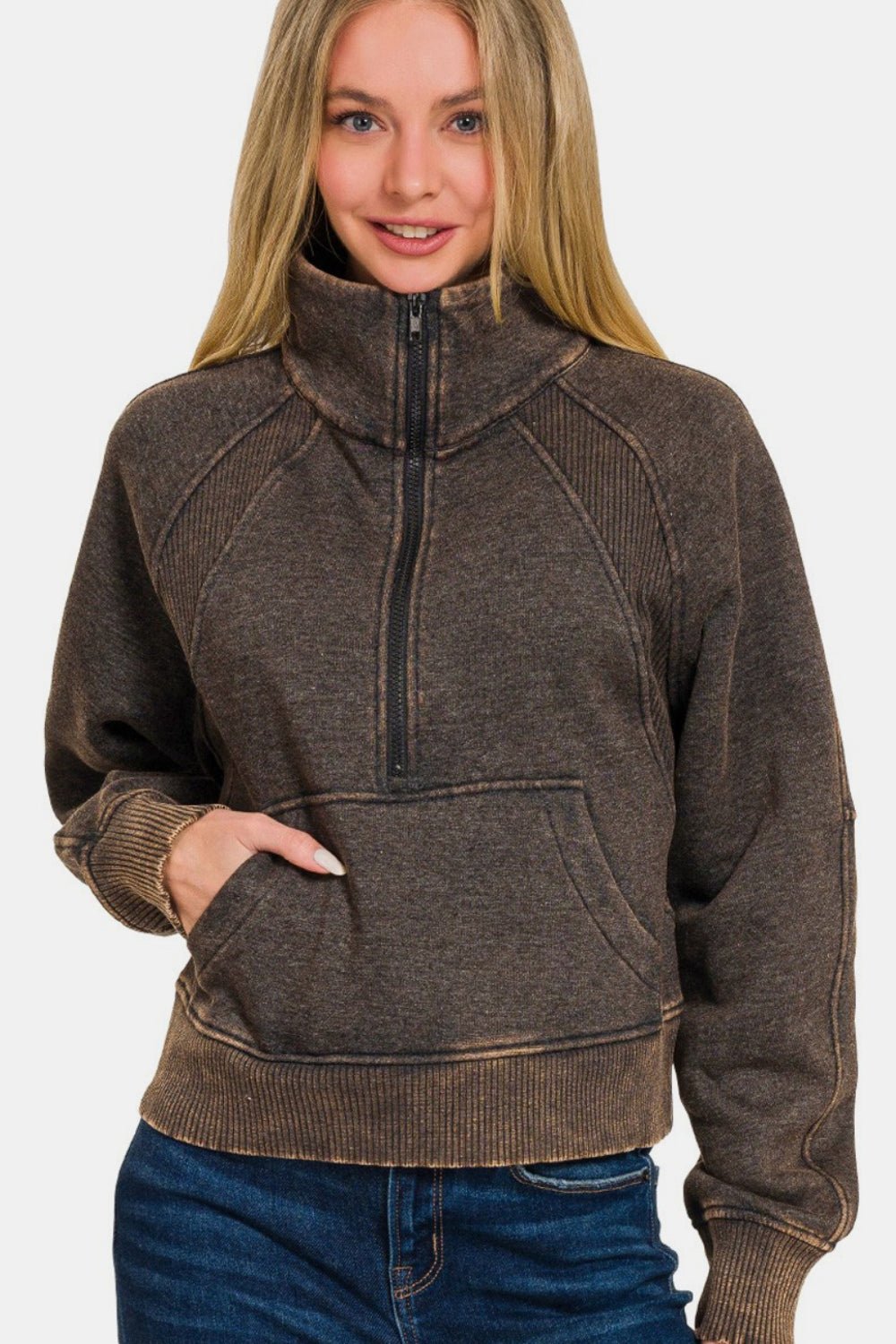 Zenana Acid Washed Half Zip Fleece Sweatshirt - Sweatshirt - Ash Black - Bella Bourget