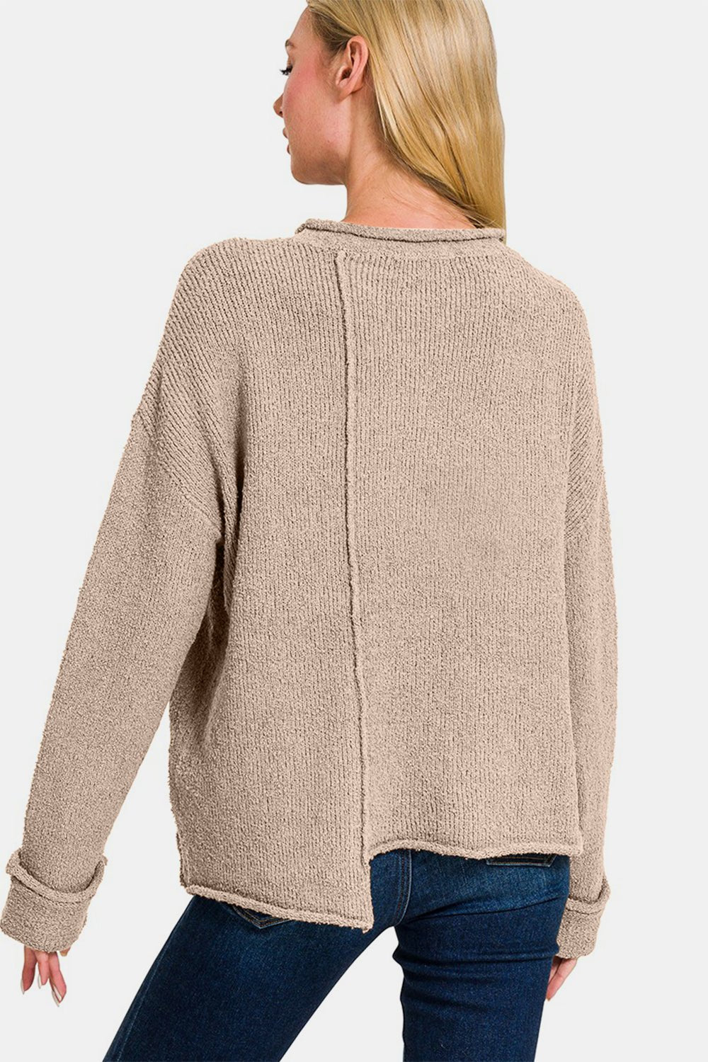 Zenana Asymmetric Hem Drop Shoulder Sweater - Sweater - Ash Mocha - Bella Bourget