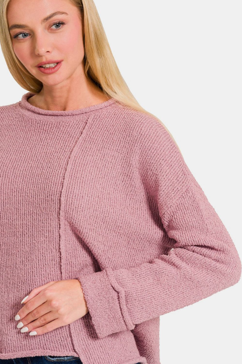 Zenana Asymmetric Hem Drop Shoulder Sweater - Sweater - Lt Rose - Bella Bourget