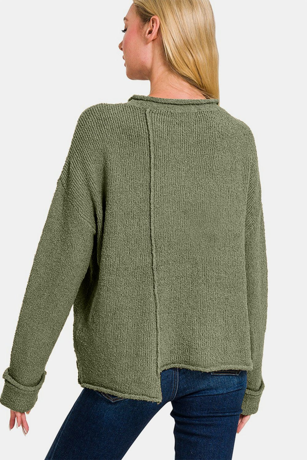 Zenana Asymmetric Hem Drop Shoulder Sweater - Sweater - Lt Olive - Bella Bourget