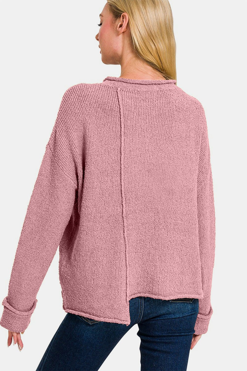 Zenana Asymmetric Hem Drop Shoulder Sweater - Sweater - Lt Rose - Bella Bourget