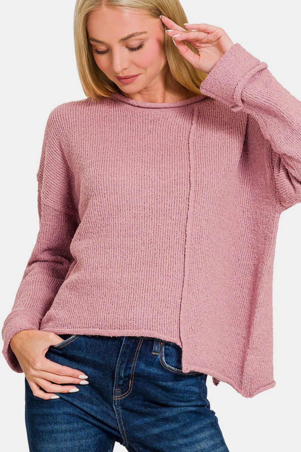 Zenana Asymmetric Hem Drop Shoulder Sweater - Sweater - Lt Rose - Bella Bourget