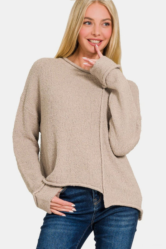 Zenana Asymmetric Hem Drop Shoulder Sweater - Sweater - Ash Mocha - Bella Bourget