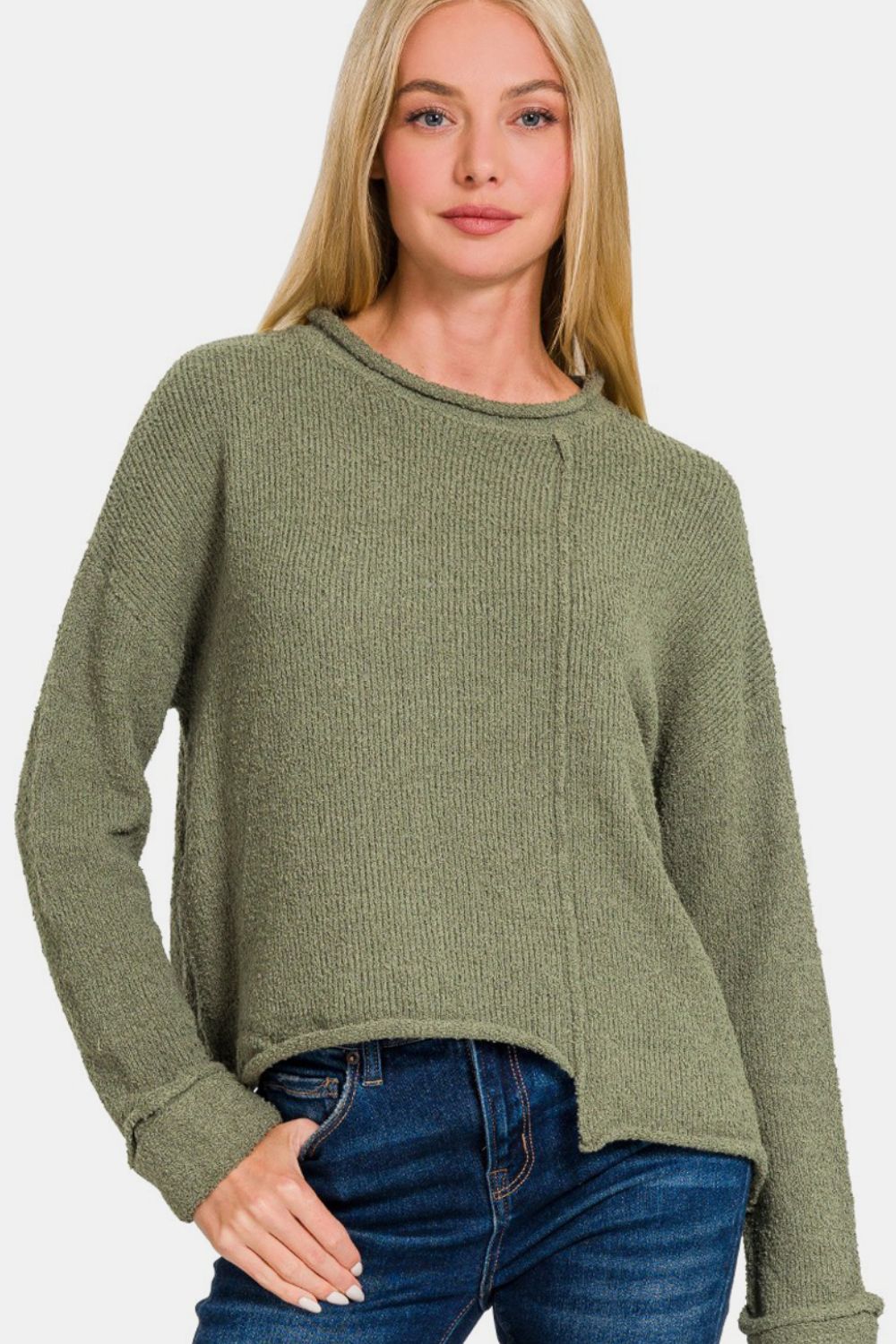 Zenana Asymmetric Hem Drop Shoulder Sweater - Sweater - Lt Olive - Bella Bourget