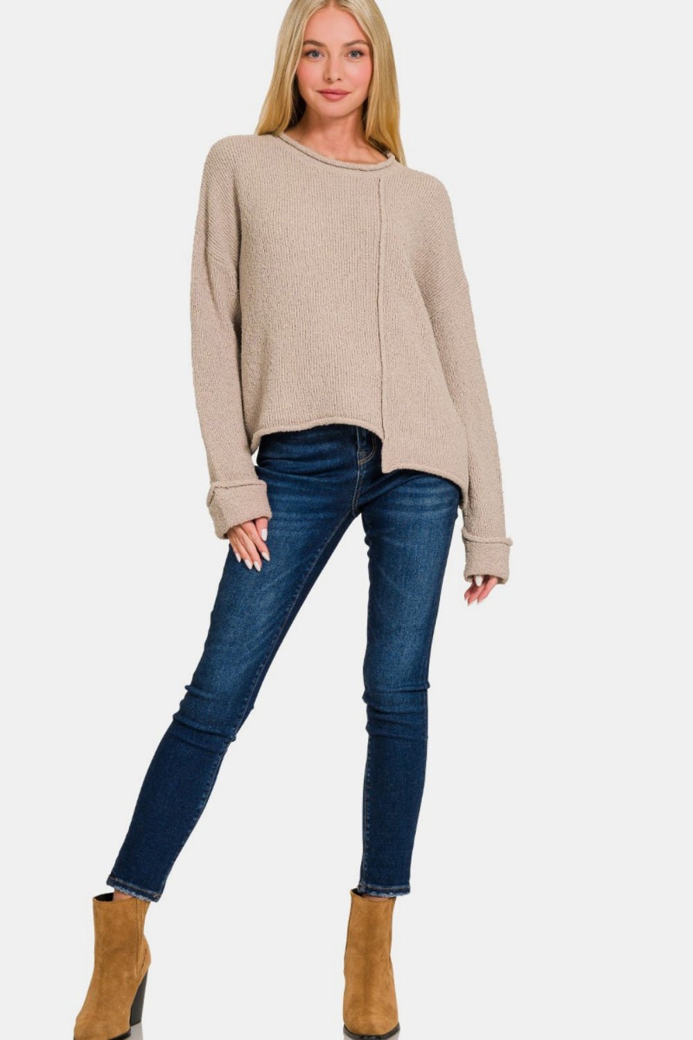 Zenana Asymmetric Hem Drop Shoulder Sweater - Sweater - Ash Mocha - Bella Bourget