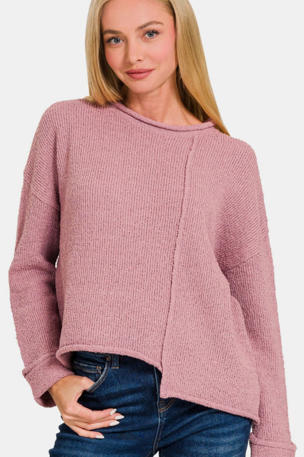 Zenana Asymmetric Hem Drop Shoulder Sweater - Sweater - Lt Rose - Bella Bourget