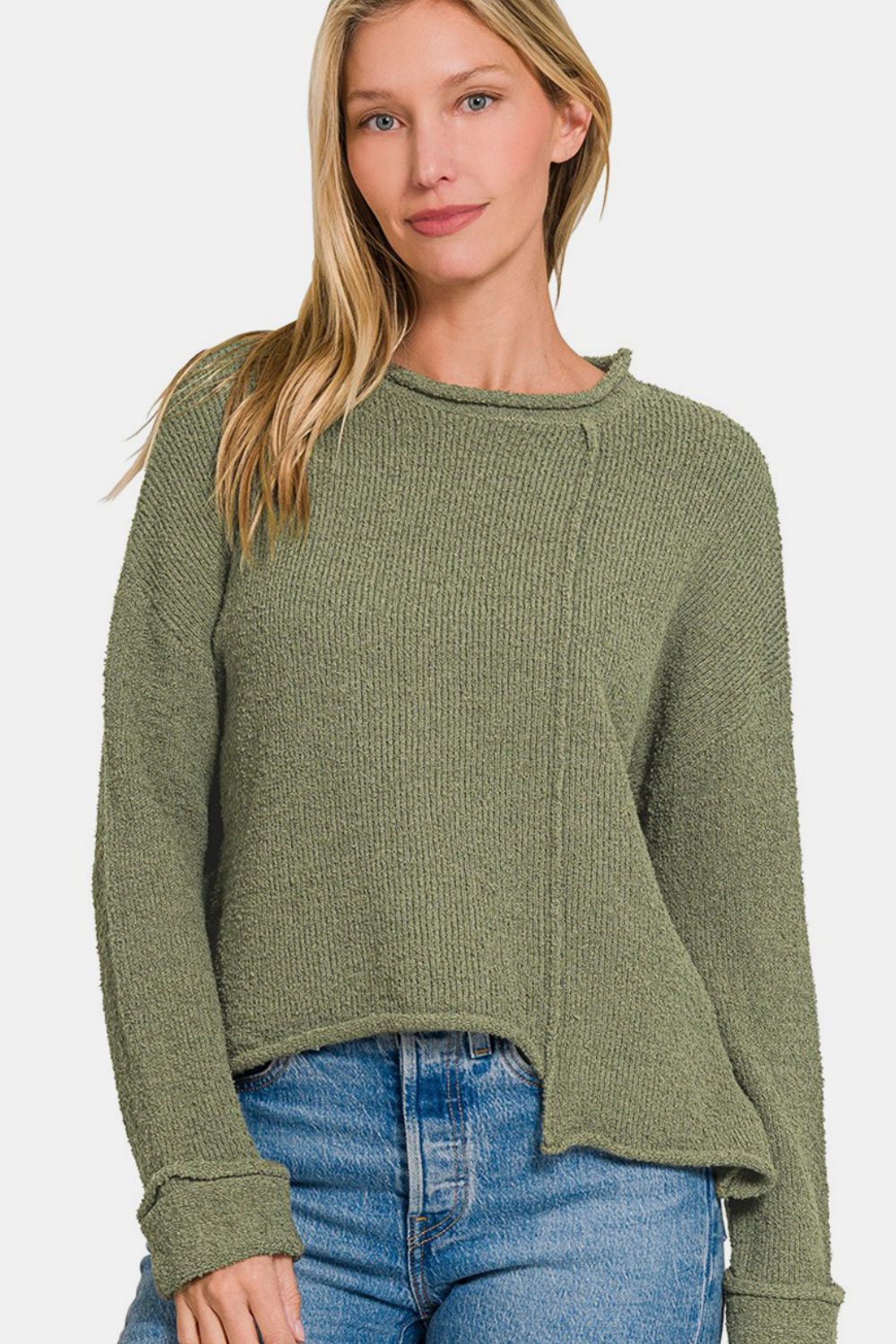 Zenana Asymmetric Hem Drop Shoulder Sweater - Sweater - Lt Olive - Bella Bourget