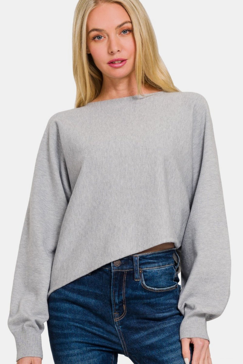 Zenana Asymmetric Hem Long Sleeve Sweater - Sweater - H Grey - Bella Bourget