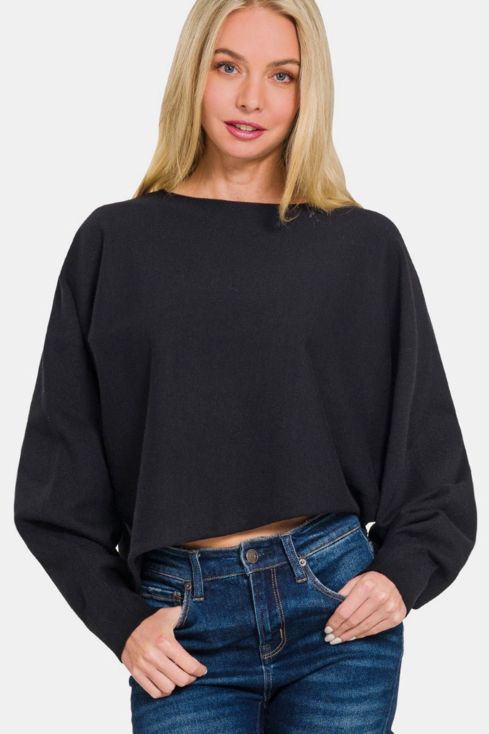 Zenana Asymmetric Hem Long Sleeve Sweater - Sweater - Black - Bella Bourget